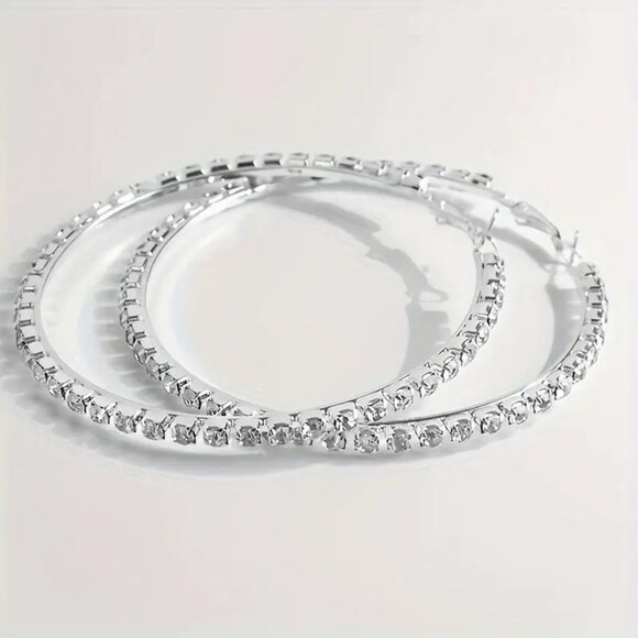 Exaggerated Full Rhinestone Decor Hoop Earrings, Large Size Circle Hoop Earrings - Picture 1 of 3